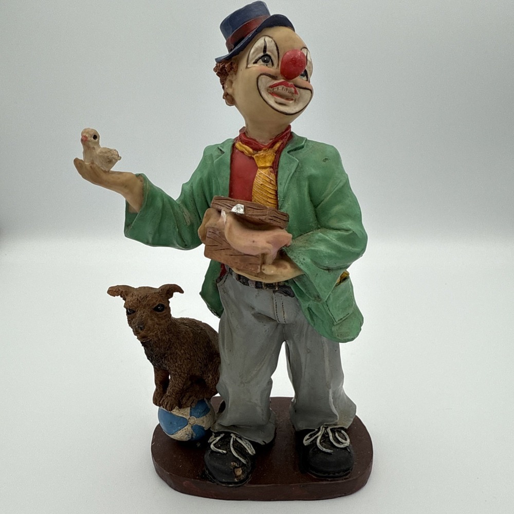 Vintage Clown Figurine With Bird In Hand And Dog Standing On A Ball